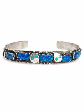 Effie Zuni Sterling Silver Blue Opal Inlay Snake Cuff Bracelet